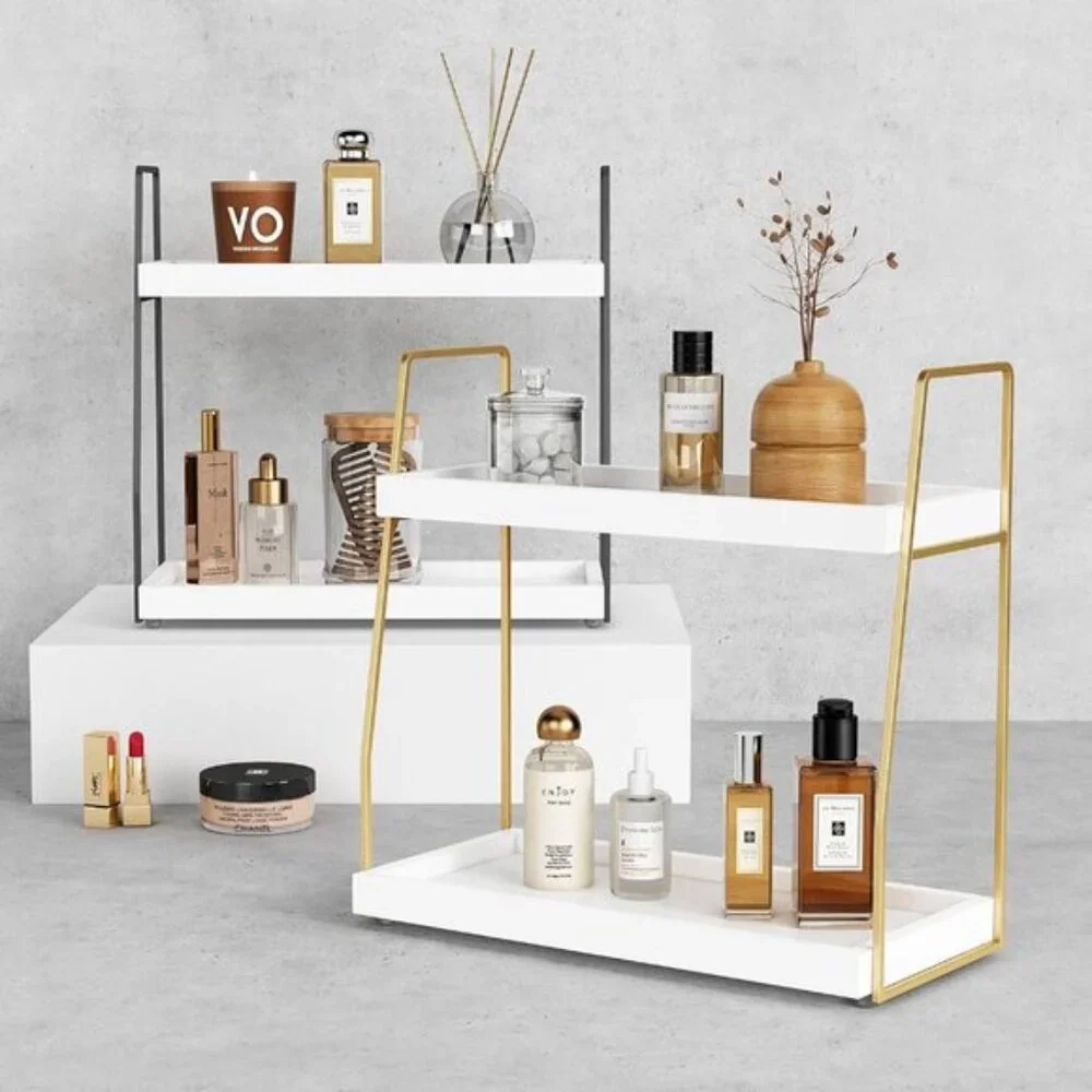 2-Tier Bathroom Organizer, White & Gold Wooden Sink Shelf for Vanity & Storage
